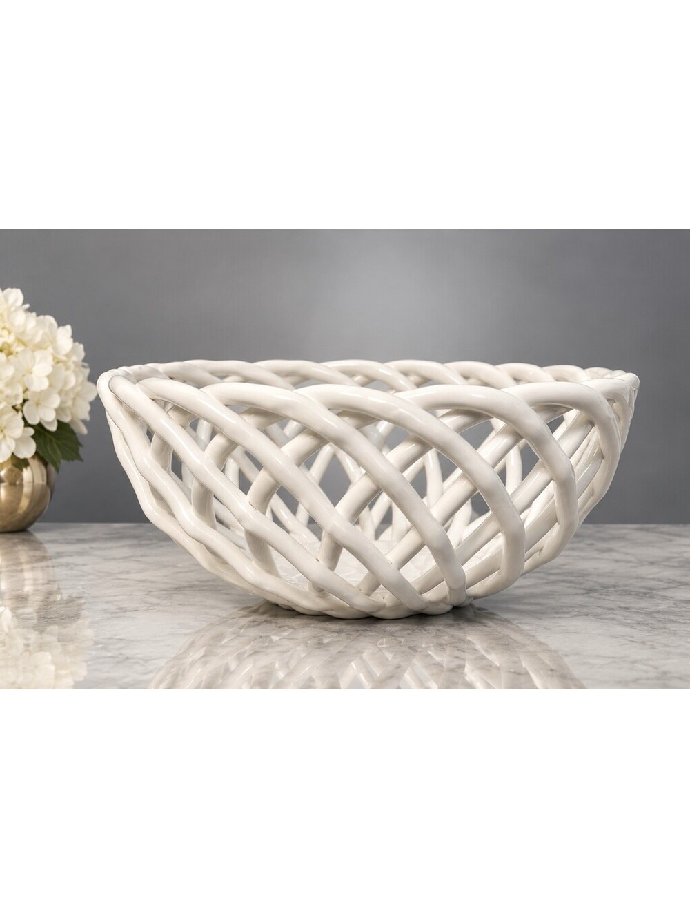 Arlington Designs 2000s Serving Bowl White Woven Lattice Ceramic, 8.5x4.5"